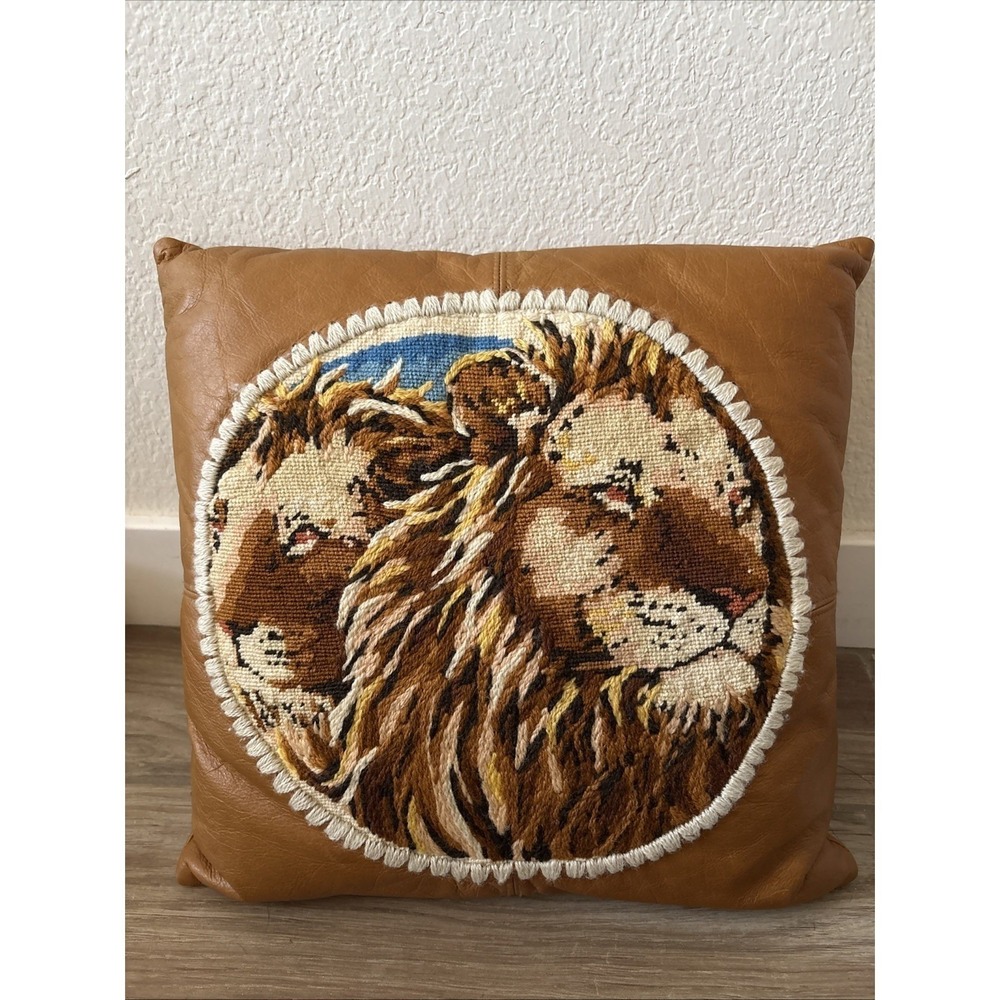 Vintage 1970s MCM Handmade Lion Needlepoint Pillow w/ Leather 15" X 15" X 3"